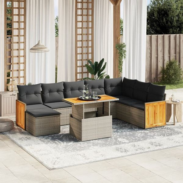 vidaXL 9-teilig Garten-Sofagarnitur mit Kissen Grau Poly Rattan, 3274098