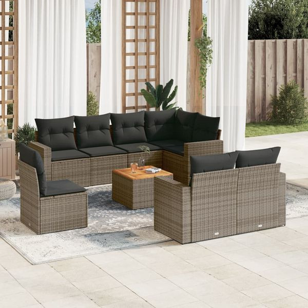 vidaXL 9-teilig Garten-Sofagarnitur mit Kissen Grau Poly Rattan, 3256494