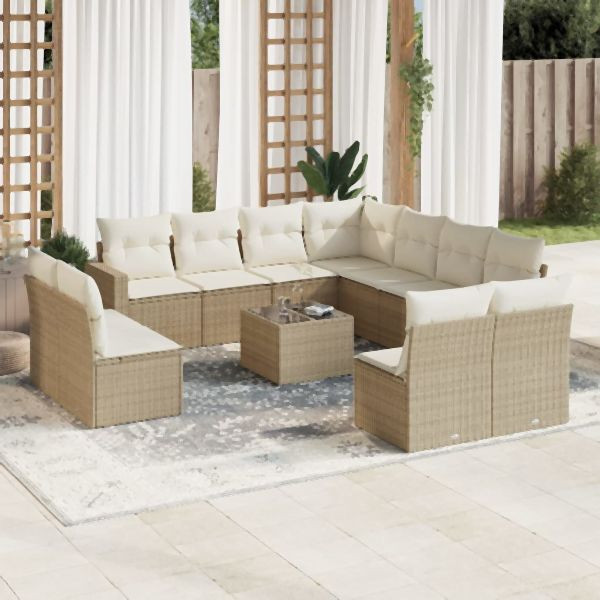 vidaXL 12-tlg. Garten-Sofagarnitur mit Kissen Beige Poly Rattan, 3219128