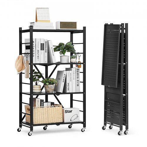 VEVOR Klappregal mit Rädern, 4 Etagen, 33x66x117cm, Schwerlastregal, montagefrei, Metallregal für Garage, Küche, Keller, schwarz, YDKZDHJHS4C1GV6EX001V0