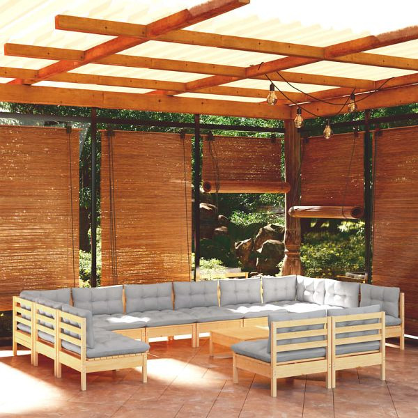 vidaXL 13-teilig Garten-Lounge-Set mit Grauen Kissen Kiefer Massivholz, 3097228