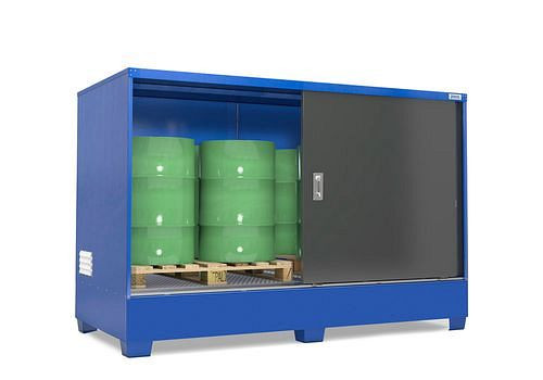 DENIOS SteelSafe Gefahrstoffdepot 2C, mit Schiebetüren, für 2 IBC oder 8 Fässer, 281129