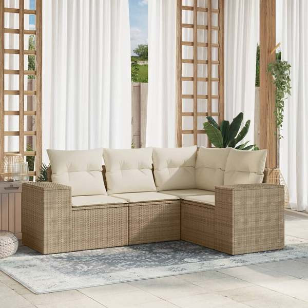 vidaXL 4-tlg. Garten-Sofagarnitur mit Kissen Beige Poly Rattan, UV-beständig, 3222507
