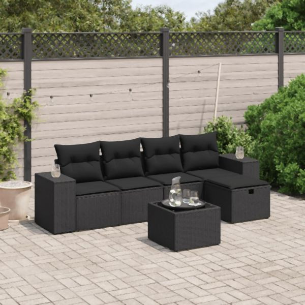 vidaXL 6-tlg. Garten-Sofagarnitur mit Kissen Schwarz Poly Rattan, 3264401
