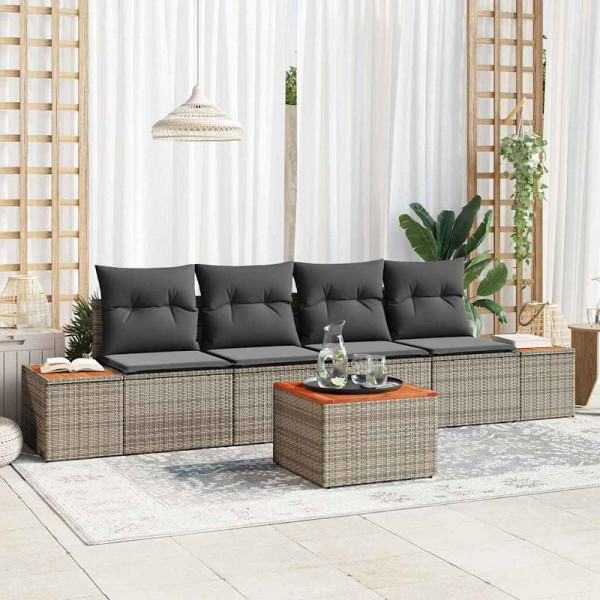 vidaXL Garten-Sofa-Set mit Kissen, 5er Set, Grau Poly Rattan, 3348020