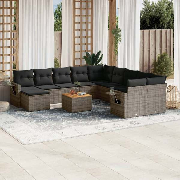 vidaXL 12-tlg. Garten-Sofagarnitur mit Kissen Grau Poly Rattan, UV-beständig, 3224863