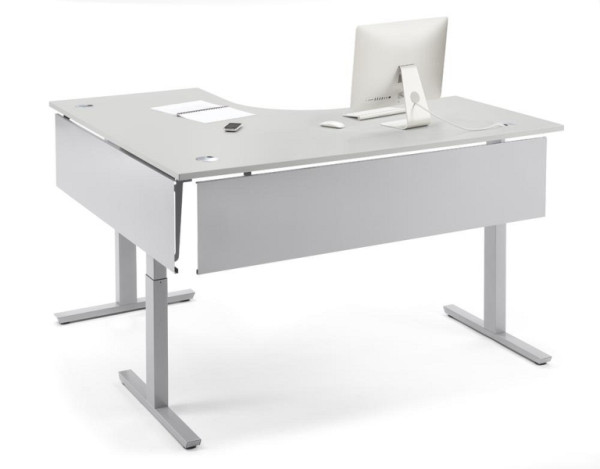 Deskin XXL Sitz-/ Stehschreibtisch Jumbo MULTI M, Dekor lichtgrau, T-Fuß-Stahlgestell in Alusilber RAL 9006, rechtsseitig geformt, 295104