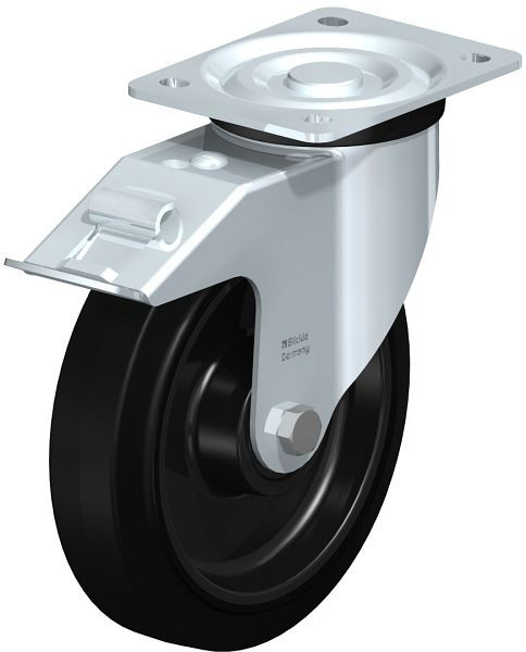 Blickle L-POEV 200KD-FI Stahlblech-Lenkrolle, mittelschwere Ausführung, mit Anschraubplatte & Feststeller, Elastik-Vollgummi, Schwarz, 422931