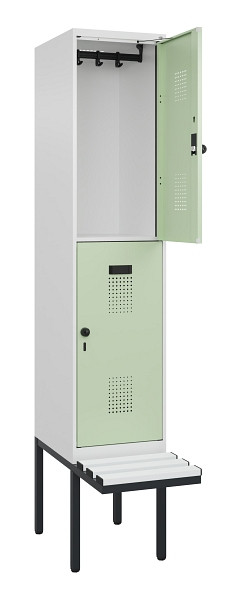 C+P Doppelstock-Spind Evolo PLUS, Bank, 2 Fächer, 2120x400x815mm, 9016/6019, Drehriegel, Sitzfläche Kunststoff, 0493407-12 S10100