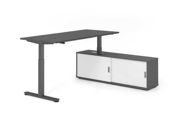 Hammerbacher Schreibtisch XMST19, 180x80cm, Platte: Graphit, T-Fuß Gestell Graphit, Höhe: 71 - 120 cm, Graphit / Weiß, VXMST19SB/G/G/G/W