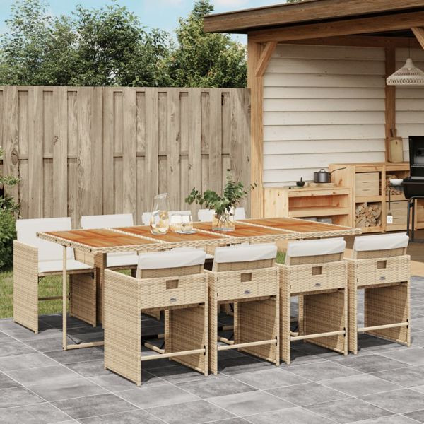 vidaXL 9-tlg. Garten-Essgruppe mit Kissen Beige Poly Rattan, 3211108