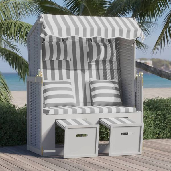 vidaXL Strandkorb mit Kissen Poly Rattan und Massivholz Grau & Weiß, 318661