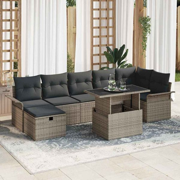 vidaXL Garten-Sofa-Set mit Kissen mit Speicher 8-teilig Grau Poly-Rattan, 3361018