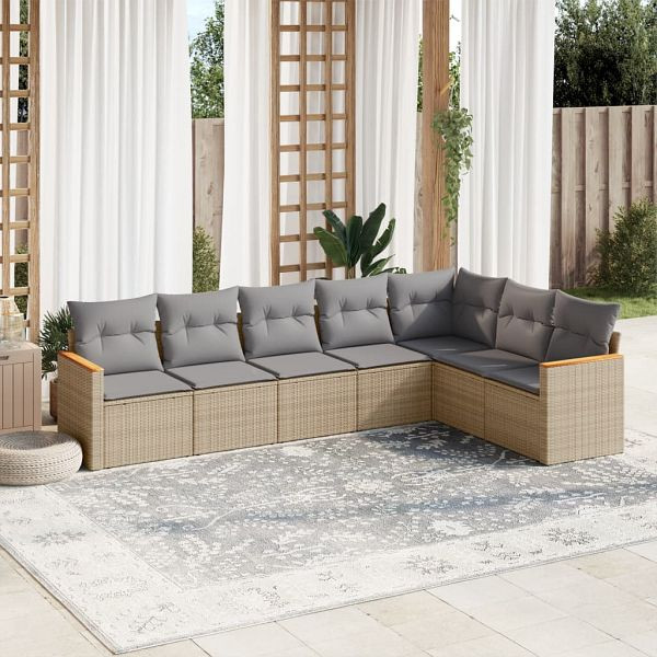 vidaXL 7-teilig Garten-Sofagarnitur mit Kissen Beige Poly Rattan, 3226031