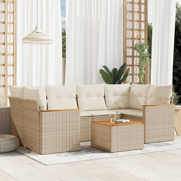 vidaXL 7-tlg. Garten-Sofagarnitur mit Kissen Beige Poly Rattan, 3225799