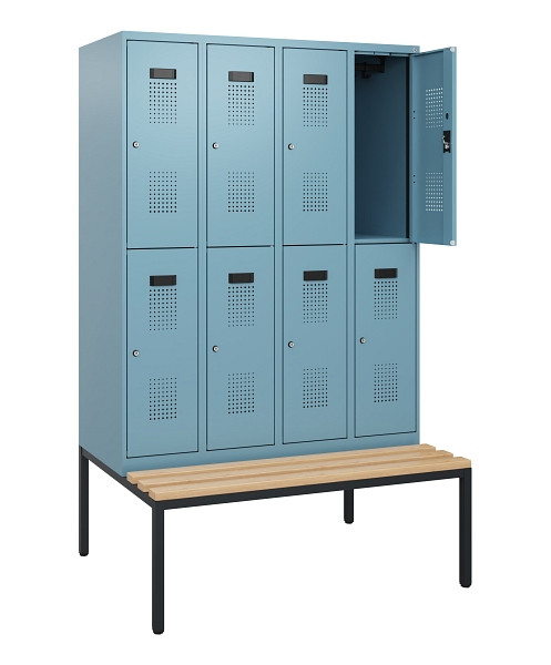 C+P Doppelstöckiger Spind Evolo PLUS, Bank, 8 Fächer, 1950x1200x815mm, 0010/0010, Zylinderschloss, Sitzfläche Buche-Hartholz, Sitzbank, 0493505-40 S10057