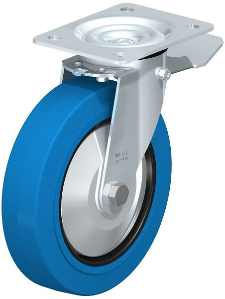 Blickle LE-POEV 200R-ST-SB-FA Stahlblech-Lenkrolle mit Anschraubplatte & Feststeller, Elastik-Vollgummi, Blau, 749658