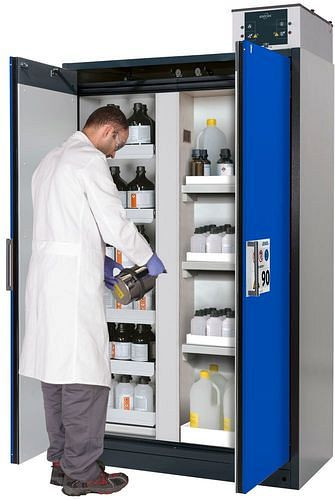 asecos Feuerbeständiger Gefahrstoffschrank Select, Mittelwand, Auszugswannen und Wannenböden, blau, 266833