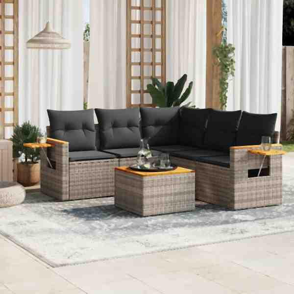 vidaXL 6-tlg. Garten-Sofagarnitur mit Kissen Grau Poly Rattan, UV-beständig, 3259211
