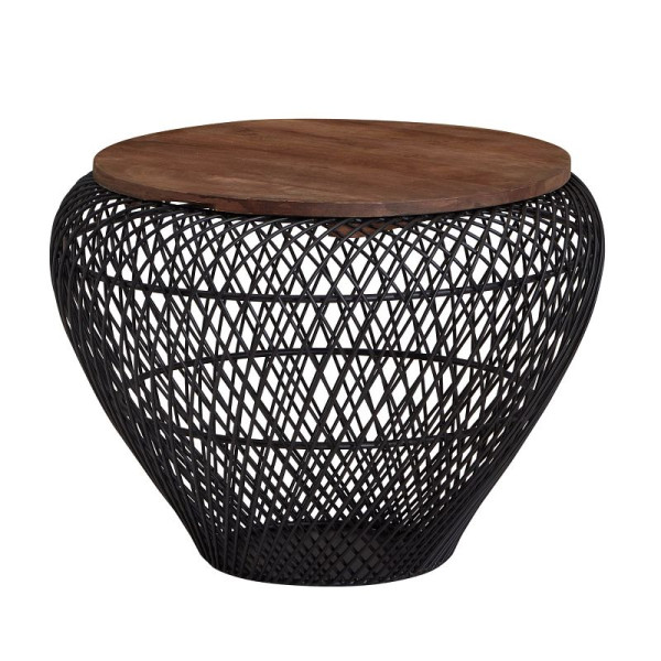 Wohnling Couchtisch Mango Massivholz Metall 60x60x45 cm Schwarz Rund mit Stauraum, Design Wohnzimmertisch Korbtisch Modern, WL6.707