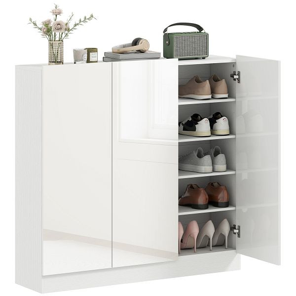 HOMCOM Schuhschrank mit 10 Regalen für 25-30 Schuh-Paare, Lüftungslöcher, Soft-Close-Türen, Holz, Weiß, 837-641V90WT