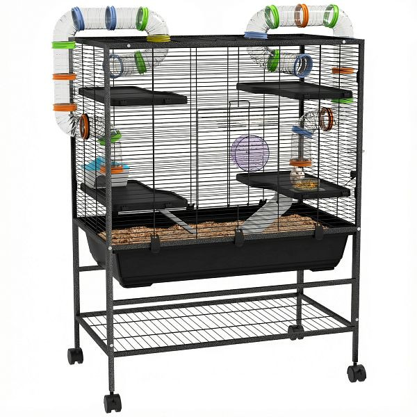 PawHut Hamsterkäfig mit Röhren, Laufrad, Häuschen, Wasserspender, 109 x 82 x 46 cm, Schwarz, D51-424V00BK