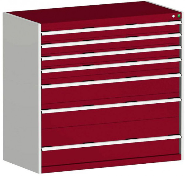 bott cubio Schubladenschrank bestückt mit 7 Schwerlastschubladen BxTxH: 1300 x 750 x 1200 mm, RAL 7035/3004, 40030074.24V
