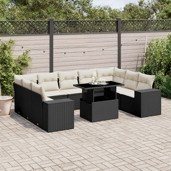 vidaXL 10-teilig Garten-Sofagarnitur mit Kissen Schwarz Poly Rattan, 3269366