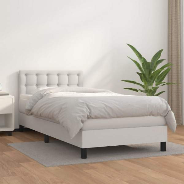 vidaXL Boxspringbett mit Matratze Weiß 90x190 cm Kunstleder, 3141096