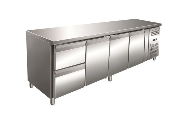 Gastro-Inox Edelstahl GN Kühltisch mit 3 Türen und 2 Schubladen, Umluftkühlung, 202.243