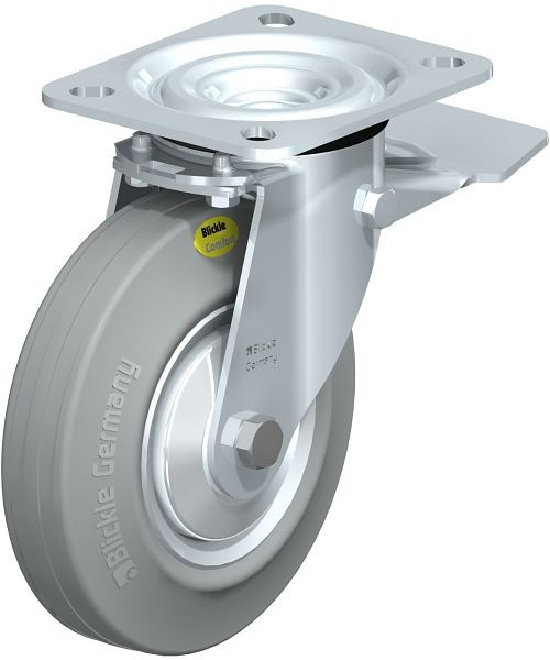 Blickle L-RD 125R-ST-VLI-FA Stahlblech-Lenkrolle, mittelschwere Ausführung, mit Anschraubplatte & Feststeller, Zweikomponenten-Vollgummi, Grau, 644914