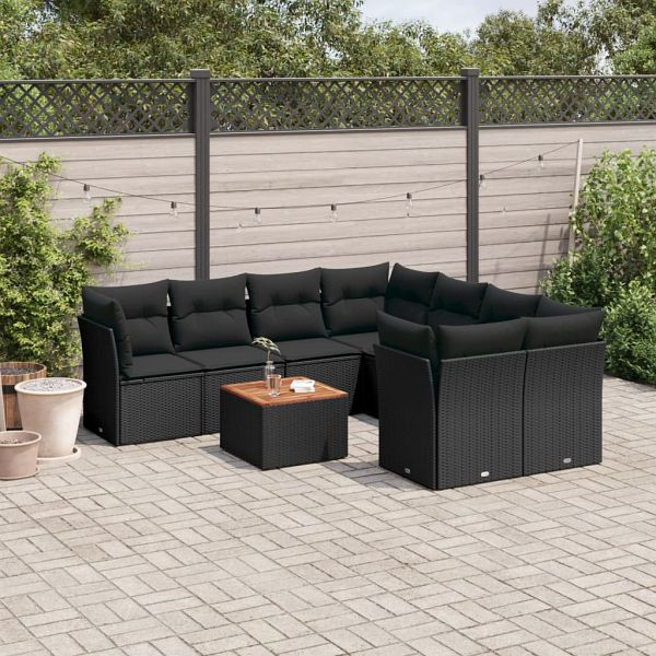vidaXL 9-teilig Garten-Sofagarnitur mit Kissen Schwarz Poly Rattan, 3223528
