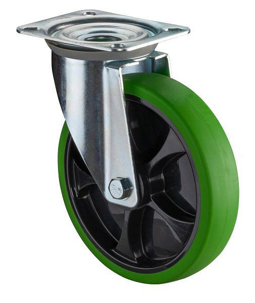 BS Rollen Transportrolle Lenkrolle, thermoplastisches Gummirad, Reifen grün, Felge schwaz, Rollenlager, Platte, Durchmesser: 200 mm, L400.B44.201.04
