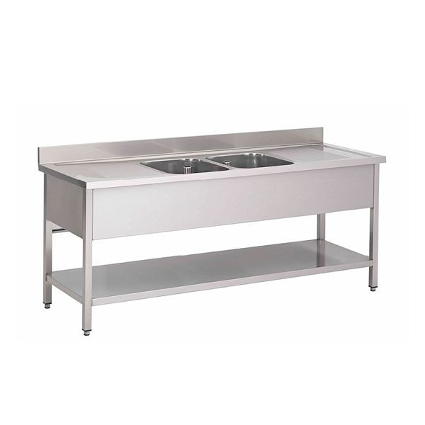 Gastro-Inox Spültisch mit mittig 2 Becken und Grundboden, 1500(L)x700(T)x880(H)mm, 305.443