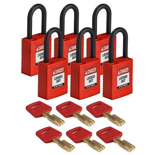 Brady Vorhängeschlösser Lockout, SafeKey aus Nylon, funkenfreies Gehäuse, VE: 6 Stück, rot, 309089