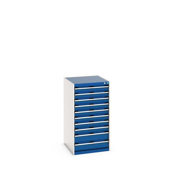 bott cubio Schubladenschrank bestückt, mit 10 Schubladen, BxTxH: 650x750x1200mm, RAL 7035/5010, Enzianblau, 40027043.11V