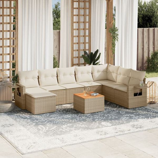 vidaXL 9-tlg. Garten-Sofagarnitur mit Kissen Beige Poly Rattan, 3224700
