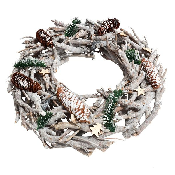 Mendler Adventskranz XXL rund, Weihnachtsdeko Tischkranz, Holz Ø 48cm weiß-grau, ohne Kerzen und Halterungen, 78611