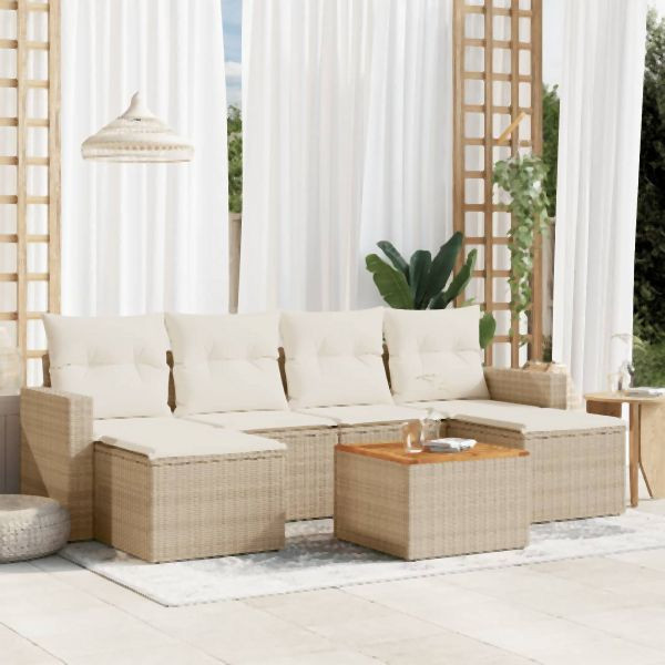vidaXL 7-tlg. Garten-Sofagarnitur mit Kissen Beige Poly Rattan, 3256576