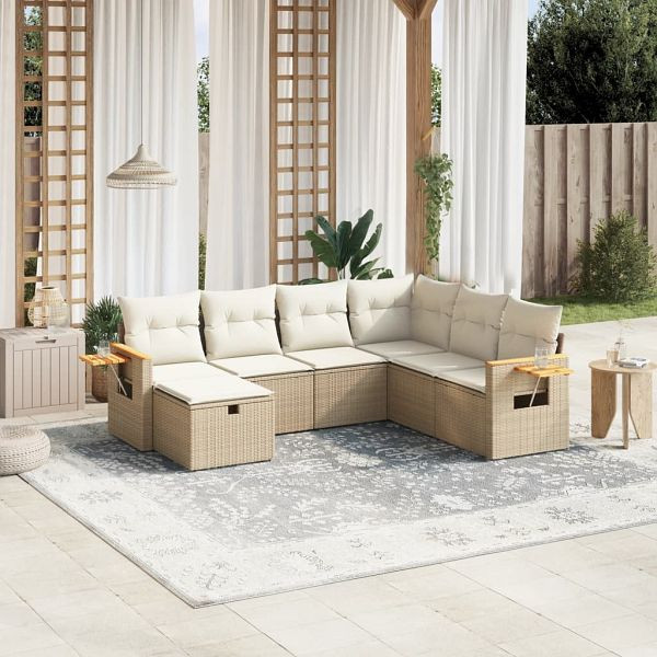vidaXL 7-tlg. Garten-Sofagarnitur mit Kissen Beige Poly Rattan, 3265545