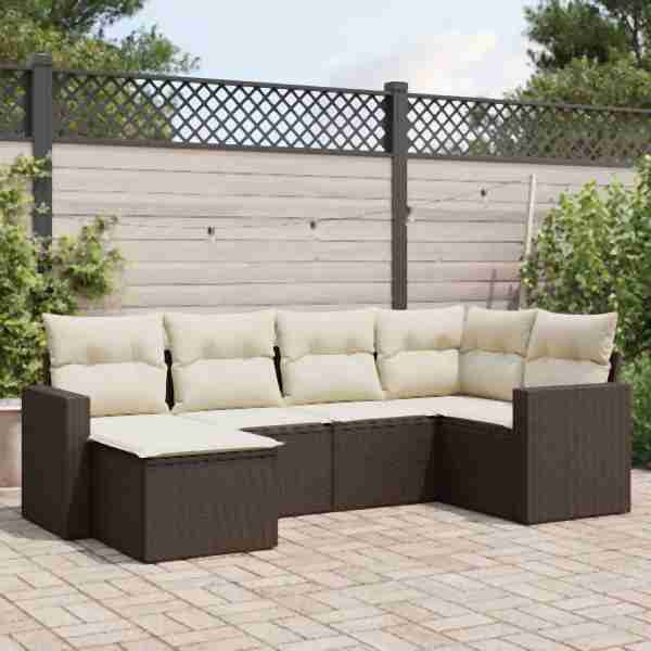 vidaXL 6-tlg. Garten-Sofagarnitur mit Kissen Braun Poly Rattan, UV-beständig, 3251600