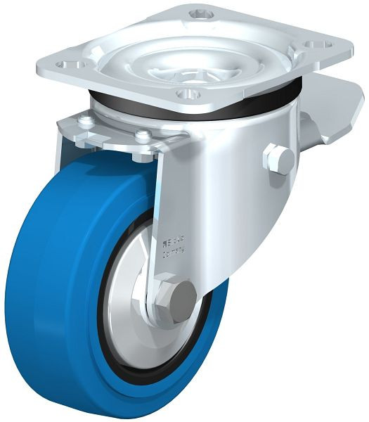 Blickle LK-POEV 100K-1-ST-SB-FA Stahlblech-Lenkrolle, schwere Ausführung, mit Anschraubplatte & Feststeller, Elastik-Vollgummi, Blau, 750314