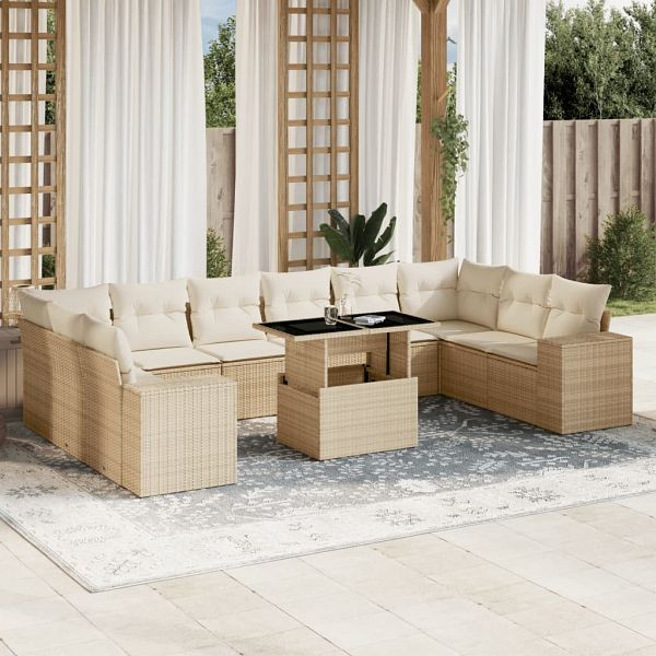 vidaXL 11-teilig Garten-Sofagarnitur mit Kissen Beige Poly Rattan, 3269408