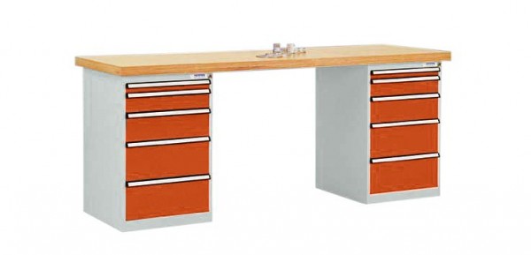 Manuflex Werkbanksystem COMBI, 2 Gehäuse Modell 1 mit massiver Bucheplatte, BxTxH = 2000 x 700 x 840 mm, Rotorange, TP5092.2001
