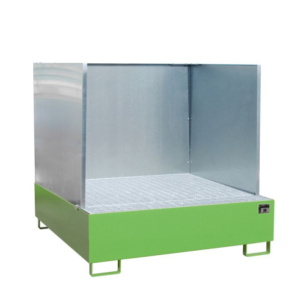 STEIN HGS Auffangwanne AW/SW, mit Spritzschutzwand, 450 Liter, RAL 6011 resedagrün, Gesamthöhe 1360 mm, lackiert, 4 x 200 Liter Fass, 79189.0022