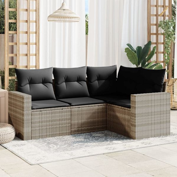 vidaXL 4-teilig Garten-Sofagarnitur mit Kissen Hellgrau Poly Rattan, 3218902