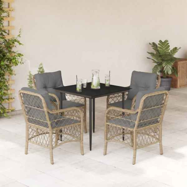 vidaXL 5-tlg. Garten-Essgruppe mit Kissen Beigemischung Poly Rattan, UV-beständig, 3212153