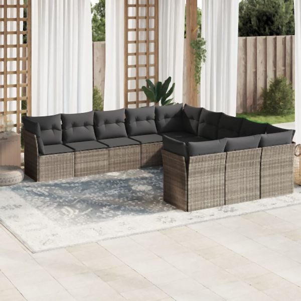 vidaXL 11-tlg. Garten-Sofagarnitur mit Kissen Hellgrau Poly Rattan, 3250251