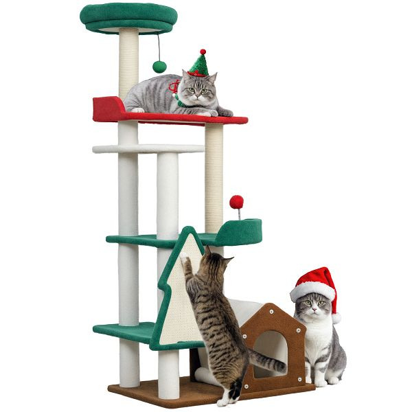 PawHut 135 cm Katzenkratzbaum in Weihnachtsfarben mit Katzenbett, Katzenhaus, Kratzpfosten, Sprungplattformen, D30-866V00MX
