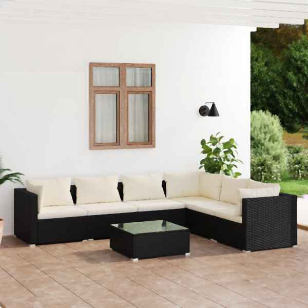 vidaXL 7-tlg. Garten-Lounge-Set mit Kissen Poly Rattan Schwarz, 3101727